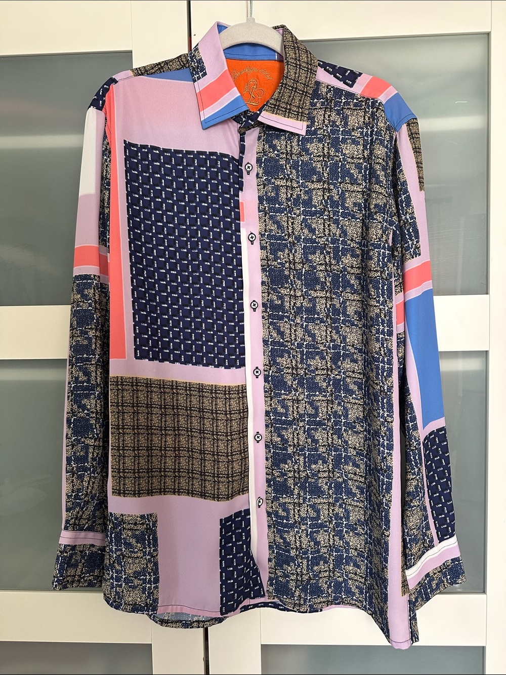 Steven Land Patchwork Button-Down Shirt in Pink, Blue & Navy